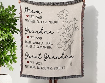 Personalized Grandma Blanket with Names Custom Family Tree Blanket Gift for Mom Grandma Great Grandma Mothers Day Gift Grandkids Names Throw