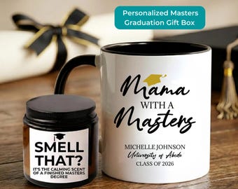 Masters Degree Women Graduation Gift Box Personalized Mama with a Masters Mug Candle Gift Set MBA MSW Class of 2026 Daughter Grad DC-26-098