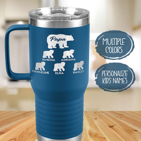 Papa Bear with Cubs Travel Mug, Personalized Grandpa Gift from Granddaughter, Dad or Father in Law Birthday Present, Insulated Tumbler