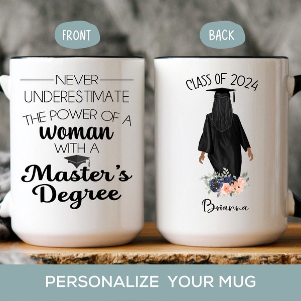 Never Underestimate a Woman with a Master's Degree Mug Personalized Masters Graduation Gift for Sister Daughter African American Graduate