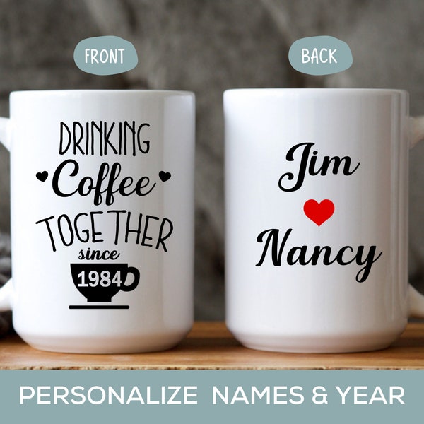 40th Anniversary Gift for Parents, 40 Year Personalized Wedding Anniversary Mug for Couple, Drinking Coffee Together Since 1984 Cup