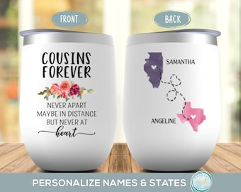 Personalized Long Distance Cousin Gifts, Cousins Forever State to State Wine Tumbler, Moving Away Family Gift Idea, Cousin Birthday