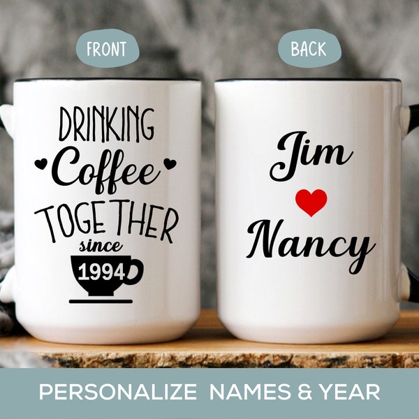 30th Anniversary Gift for Husband or Wife, 30 Year Personalized Wedding Anniversary Mug for Parents, Drinking Coffee Together Since 1994 Cup