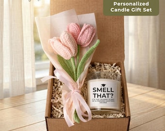 Masters Graduation Gift Box 2026 Funny Candle Quote Crochet Flower Bouquet Finished Masters Degree Gift Set for Mama MA Graduate DC-26-204