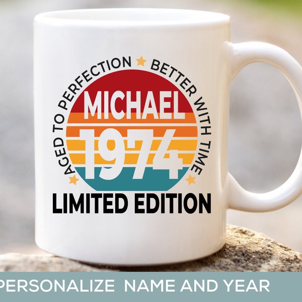 50th Birthday Gift for Men Limited Edition 1974 Retro Mug Personalized, Dad, Brother, Friend, Husband Turning 50 Present Idea, Custom Cup