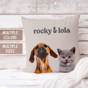 May include: A beige pillow with a brown dog and a gray cat on it. The text "rocky & lola" is printed on the pillow.