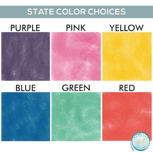May include: A chart with six color swatches, labeled with the words "Purple", "Pink", "Yellow", "Blue", "Green", and "Red".