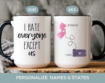 Personalized Long Distance Friendship Gift for Women, I Hate Everyone Except Us Mug, State to State Gift for Best Friend, Sister or Cousin