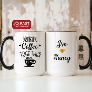 50th Anniversary Gift for Parents, Drinking Coffee Together Since 1975 Couple Name Mug, Custom Husband, Wife Wedding Anniversary Cup