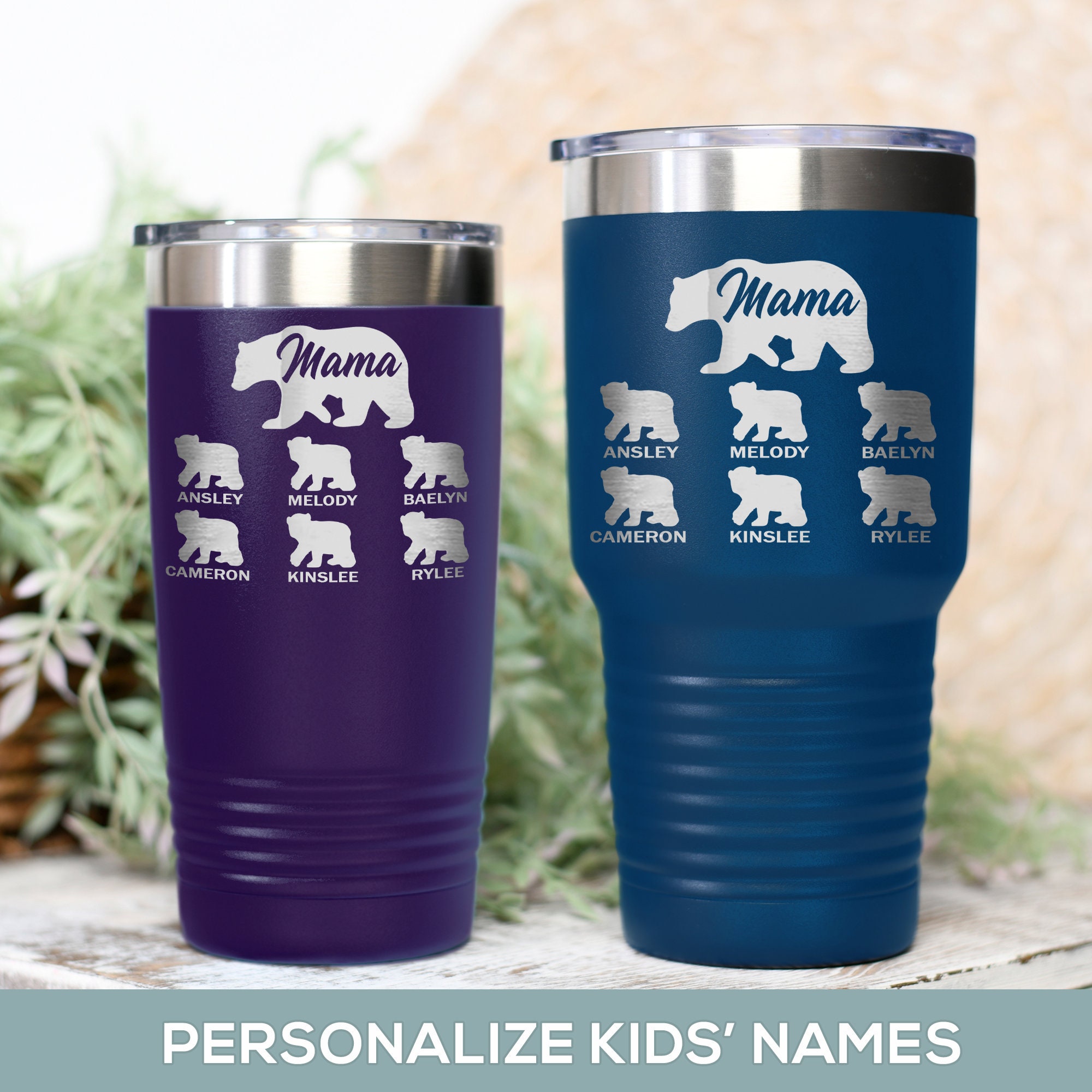 Personalized Mama Bear 40oz Tumbler with Engraved Name/Text，Custom Mom  Travel Coffee Mug Cup with Handle & Straw & Lid- Personalized Mothers Day  Gift