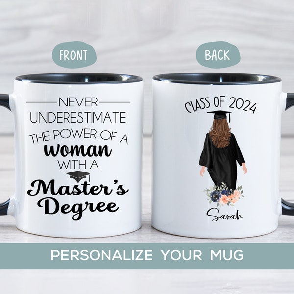 UK Never Underestimate a Woman with a Master's Degree Coffee Mug Personalized Masters Graduation Gift for Sister, Mum, Daughter, Best Friend
