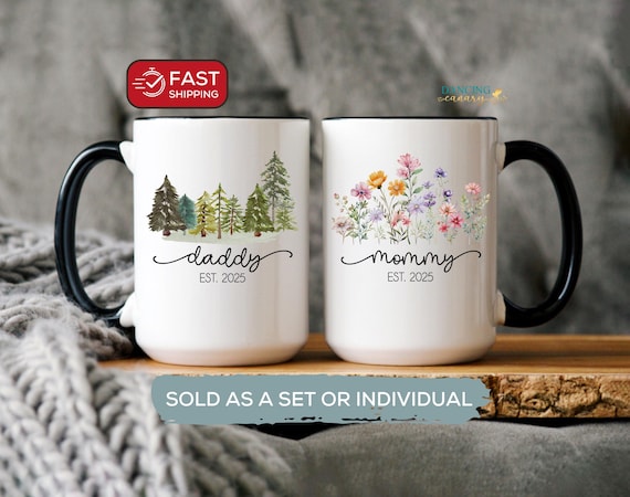 New Parents Gift First Time Mom and Dad Coffee Mug Set Est 2024