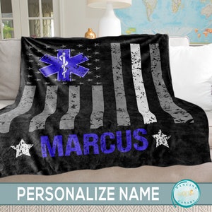 EMT EMS Thin White Line Blanket Personalized Paramedic Graduation Gift for Him, Graduate First Responder Son, Grandson, Husband, Friend Gift