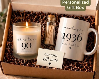 Grandma 90th Birthday Gift Box Personalized 90 Years Old Mom Sister Milestone Bday Keepsake Vintage 1936 Mug Candle Set for Women DC-26-362