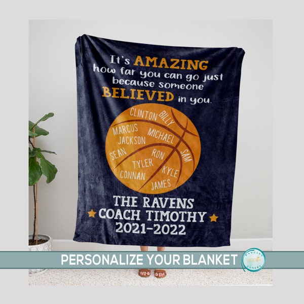 Basketball Coach Gift for Men or Women, Personalized Coach Blanket, Thank You End of Season Sports Team Gift from Players Coach Appreciation