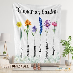 Grandma's Garden Blanket, Personalized Birthday Gift for Mom or Mother in law, Blanket with Grandkid Names, Grammy, Nana Christmas Present