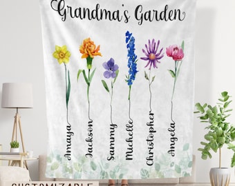 Grandma’s Garden Personalized Blanket, Custom Grandkids Names Blanket, Birth Flower Throw, Gift for Grandma, Mother’s Day Gift, Nana Gift