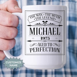 Personalized 50th Birthday Gift for Men, The Man The Myth The Legend Custom Coffee Mug, Born in 1975 Cup for Dad, Brother, Friend, Husband