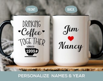 25th Anniversary Gift for Husband or Wife, 25 Year Personalized Wedding Anniversary Mug for Parents, Drinking Coffee Together Since 1999 Cup