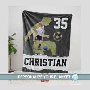 Personalized Soccer Player Gift Photo Blanket for Kids, Athlete End of Season Present from Parents or Team, Custom Name Throw Blanket