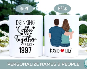 Personalized Anniversary or Christmas Gift for Parents, Husband or Wife, Drinking Coffee Together, Custom 25th, 30th, 40th, 50th Anniversary