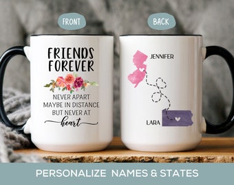 Friends Forever Mug, Moving Away Gift, Personalized Long Distance Friendship State Cup, Best Friend Birthday or Christmas Gift