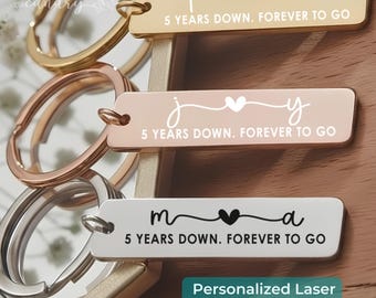 5 Year Wood Anniversary Gift Boyfriend Girlfriend Initial Engraved Keychain Personalized 5th Anniversary Couple Matching Key Ring DC-26-352