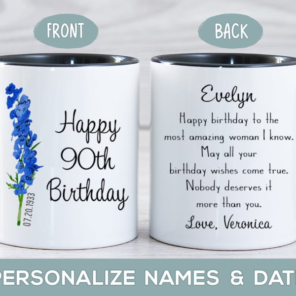 90th Birthday Gift for Women, Personalized Birth Month Flower Mug, 90 Year Old Great Grandma, Mom or Sister Present, Born in 1933 Bday Mug