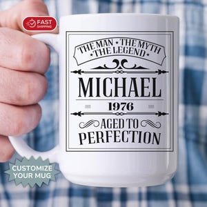 Personalized 50th Birthday Gift for Men, The Man The Myth The Legend Custom Coffee Mug, Born in 1976 Cup for Dad, Brother, Friend, Husband