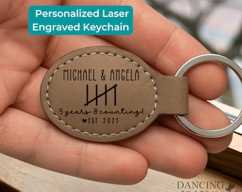 5 Year Anniversary Gift for Him Couple Matching Keychains Personalized Wood Anniversary Tally Mark Key Ring 5th Wedding Anniversary DC26-351