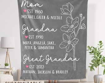 Great Grandma Blanket with Grandkid Names Grandparent Gift Grandmother Custom Throw Blanket Mother in law Mothers Day Christmas Birthday