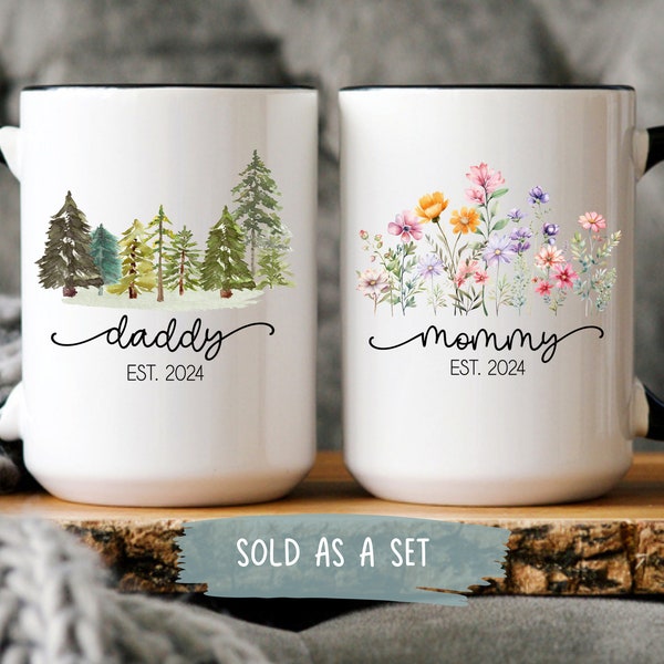 New Parents Gift First Time Mom and Dad Coffee Mug Set Est 2024 New Mom Pregnancy Baby Gift Mommy Daddy Christmas Baby Shower Present