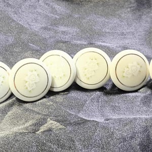 Puede incluir: Un conjunto de ocho botones redondos de color blanco roto dispuestos en una fila horizontal. Cada botón presenta una superficie lisa y mate con un sutil patrón floral en relieve en el centro y un borde circular fino de color dorado.