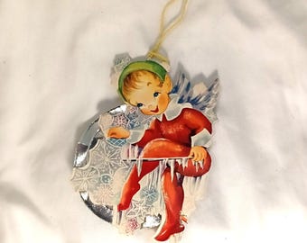 Vintage 1950's Little Elf Boy on Snowflakes - Used Card/Tree Ornament