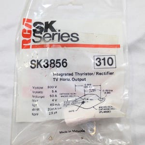 May include: An RCA SK Series SK3856 integrated thyristor rectifier for TV horizontal output in a clear plastic bag. The packaging displays technical specifications including 800 V, 5 A, 50 A, 4 V, 40 mA, 200 A/µs, 2.5 µs, and a component diagram.