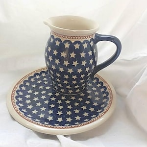 Boleslawiec Blue and White Star Patterned Polish Pottery Pitcher and Plate