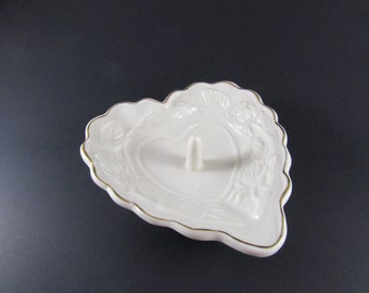 Vintage Heart Shaped Ring Dish White Ceramic with Gold Trim