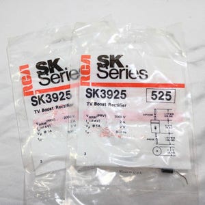 May include: Two clear plastic packages containing RCA SK Series SK3925 TV Boost Rectifiers. Each package displays technical specifications including 2000V VRRM, 2A IO, 2V VF, and 800ns trr, along with a diagram showing dimensions of 1.25 inches and 0.375 inches.