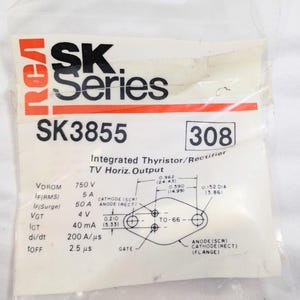 May include: An RCA SK Series SK3855 integrated thyristor/rectifier for TV horizontal output in a clear plastic bag. The packaging features technical specifications including 750 V VDRM, 5 A IF(RMS), 50 A IF(Surge), 4 V VGT, 40 mA IGT, 200 A/µs di/dt, and 2.5 µs tOFF.