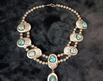 Vintage Silver and Natural Turquoise Beaded Bear Claw Necklace