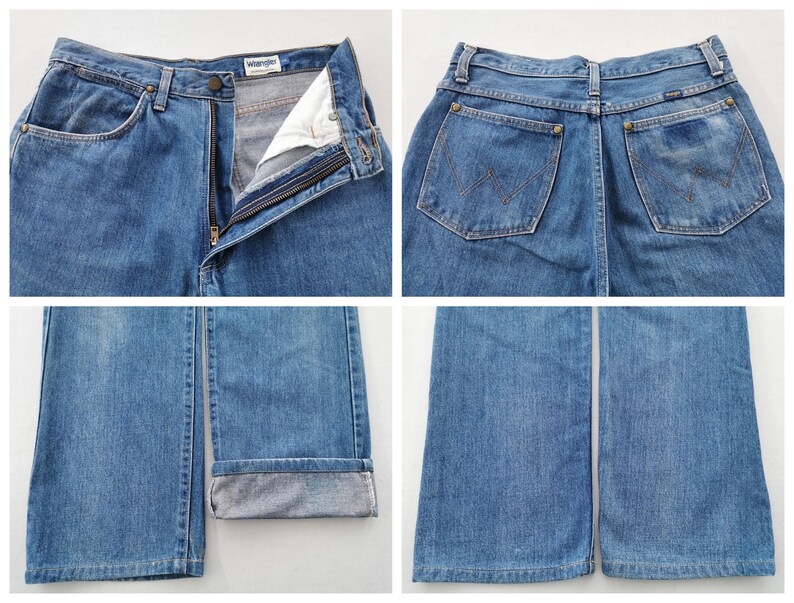 May include: Four-panel image of light blue denim Wrangler jeans. The jeans are shown from multiple angles, including front, back, and close-ups of the details. The jeans have a zipper fly, pockets, and the Wrangler logo.