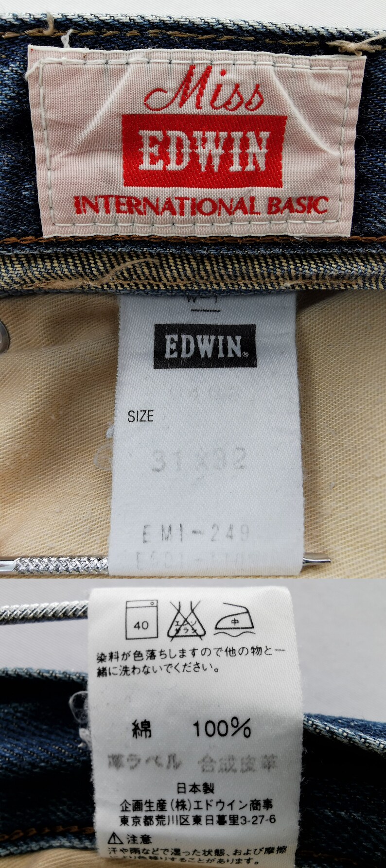 May include: Close-up of denim jeans labels. The top label reads "Miss EDWIN INTERNATIONAL BASIC" in red and white. The middle label indicates size 31x32. The bottom label has Japanese text and care instructions.