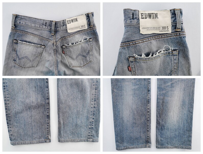 May include: Light blue denim jeans with distressed details. The jeans feature a classic five-pocket design, a faded wash, and a leather patch with the brand name "EDWIN". The back pockets have a unique stitching pattern. The jeans are a size XU-S.