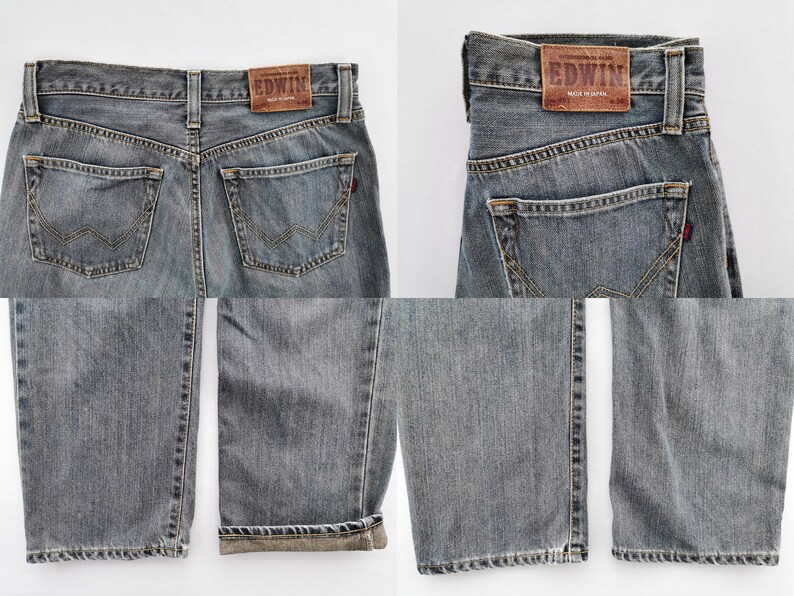 May include: Faded blue denim jeans with a classic five-pocket design. The jeans feature a leather patch with the brand name "EDWIN" and a red tab detail. The denim has a worn look, with visible stitching and a straight leg cut.