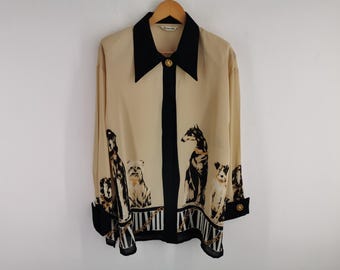 Diskeen-Sure Blouse Vintage 90's Diskeen-Sure Dog Design Blouse Made In Japan Size M