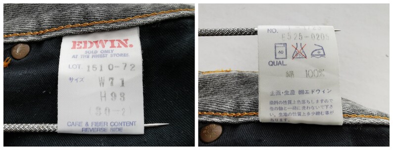 May include: Close-up of two white tags attached to a pair of denim jeans. One tag features the brand name "EDWIN" in red, with size and care information. The other tag displays washing instructions and fabric content.