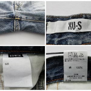 May include: Close-up shots of blue denim jeans, showcasing details like stitching, labels, and the "EDWIN" brand tag. The jeans have a faded wash and a "XU-S" label. The care label indicates 100% cotton.