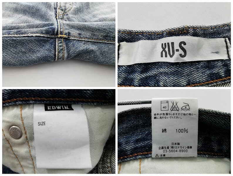 May include: Close-up shots of blue denim jeans, showcasing details like stitching, labels, and the "EDWIN" brand tag. The jeans have a faded wash and a "XU-S" label. The care label indicates 100% cotton.
