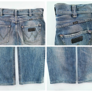May include: Four-panel image of blue denim jeans. The jeans have a classic five-pocket design, with a dark leather patch on the back pocket. The stitching is visible, and the jeans appear to be pre-worn. The Wrangler logo is visible on the back pockets.