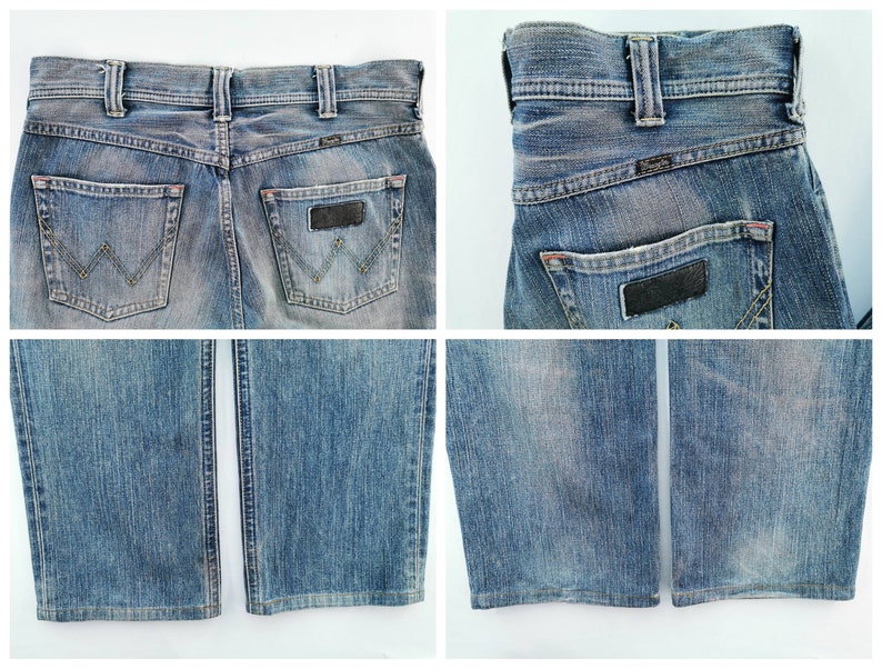 May include: Four-panel image of blue denim jeans. The jeans have a classic five-pocket design, with a dark leather patch on the back pocket. The stitching is visible, and the jeans appear to be pre-worn. The Wrangler logo is visible on the back pockets.